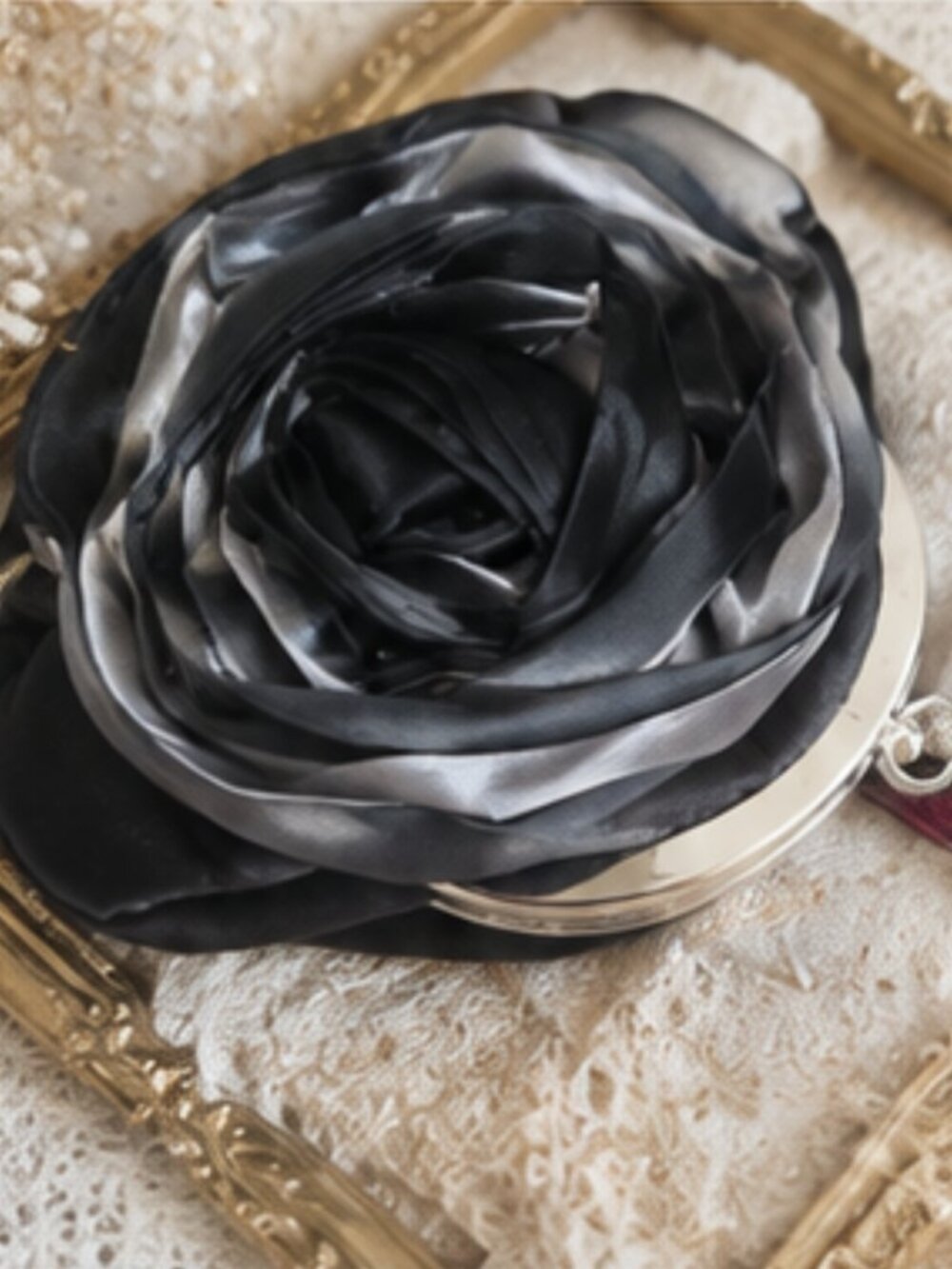 Black & Silver Satin Rose Evening Bag – Statement Ring Handle Clutch - Picture 4 of 4